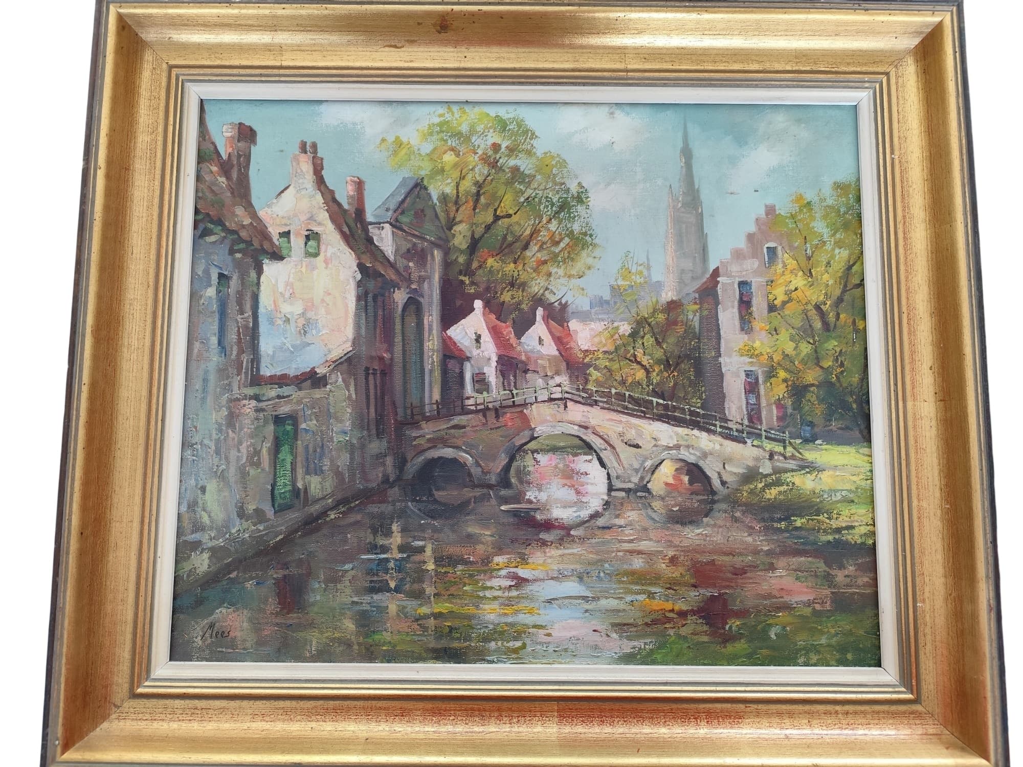 Scène de canal au pont, signé « Mees » (huile sur toile, encadrée)