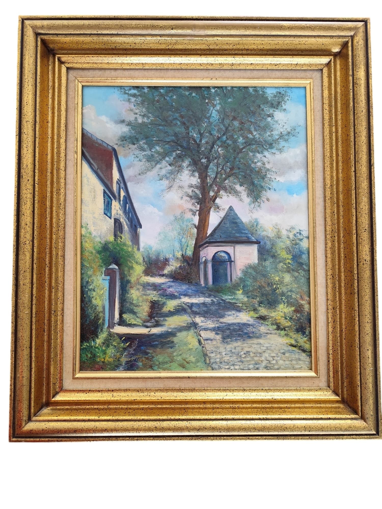 Peinture sur toile encadrée, chemin pavé, d’après Michel Genot
