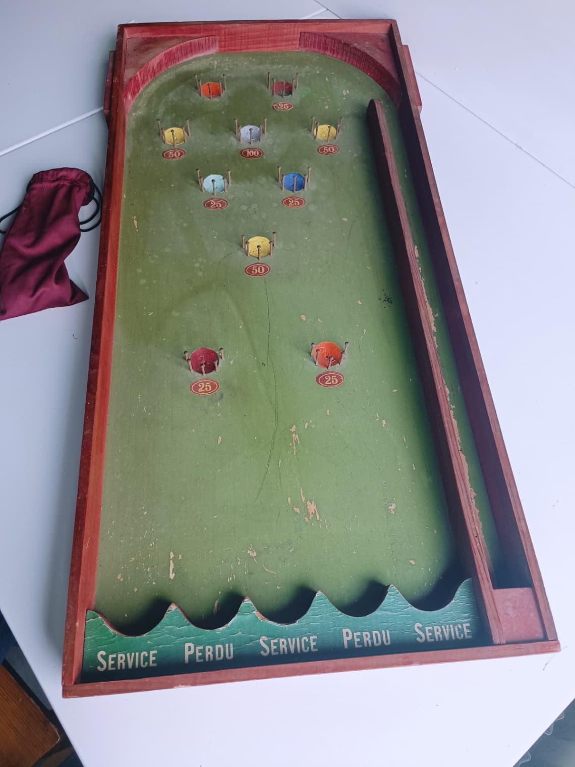Ancien jeu d'adresse RING-BAWL en bois, 6 balles et règle du jeu