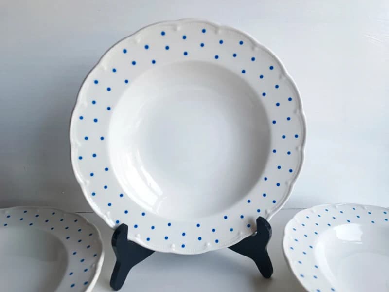 6 Assiettes Creuses Vintage BOCH Belgique – Décor Petits Pois Bleus