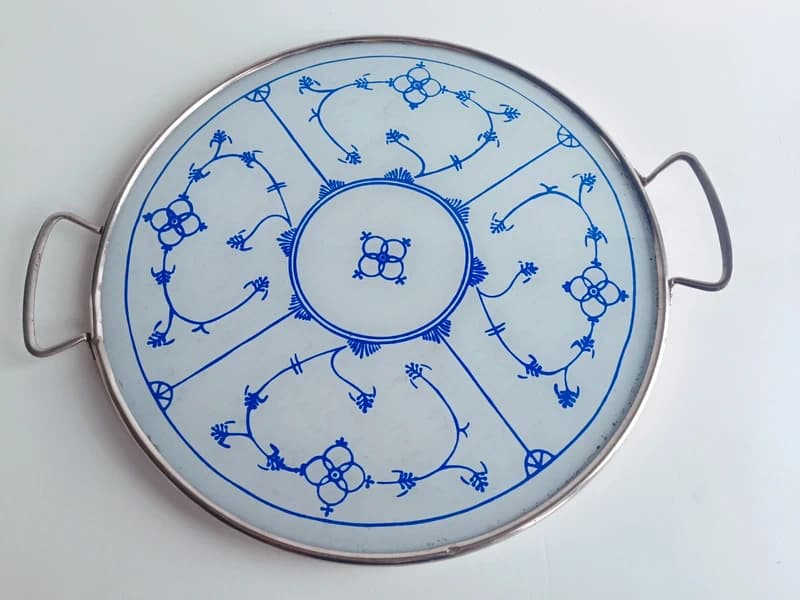 Plateau de service vintage décor Indisch Blau (Strohblume), cerclage métal chromé, 32 cm